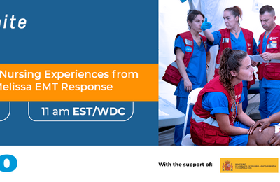 Banner for the ‘Deploying Care’ webinar about nursing experiences in EMT hurricane response, featuring medical staff assisting a patient.