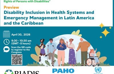Event banner announcing the launch of the report “Disability Inclusion in Health Systems and Emergency Management in Latin America and the Caribbean,” with date, time, QR code, illustration of diverse persons with disabilities, and logos of RIADIS, PAHO, and ECLAC.