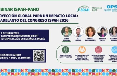 Banner promocional del seminario web de ISPAH y la OPS sobre el Congreso ISPAH 2026. Inscripción abierta a todo el público.