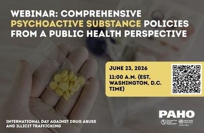 Yellow pills on the hand of a health worker. The card includes the title of the webinar and the time and date, with a qr code