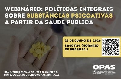 Comprimidos amarelos na mão de um profissional de saúde. O cartão traz o título do webinar, bem como a data e o horário, além de um código QR.