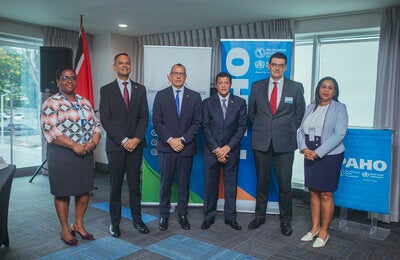 Minister of Health Honourable Dr. Lackram Bodoe, Minister in the Ministry of Health, Dr. Rishad Seecheran, PAHO/WHO Trinidad and Tobago Country Office, Dr. Gabriel Vivas Francesconi, Permanent Secretary Ministry of Health, Ms. Erica Fortune, Mr. Juan Carlos Rico, Advisor on Public Health Data Engineering, Information Systems and Digital Health Unit, EIH and Dr. Shellon Bovell, Advisor Health Systems and Services, PAHO/WHO Trinidad and Tobago Country Office.