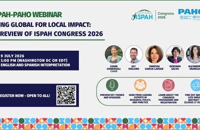 Banner promoting the ISPAH–PAHO webinar on ISPAH Congress 2026. Registration open to all.