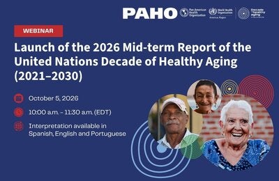 Webinar flyer for the 2026 Mid-term Report on the UN Decade of Healthy Aging, with event details, organization logos, and photos of older adults smiling