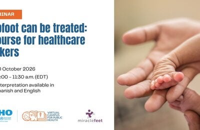 club foot flyer for webinar virtual course launch, showing baby clubfoot and healthcare workers hand