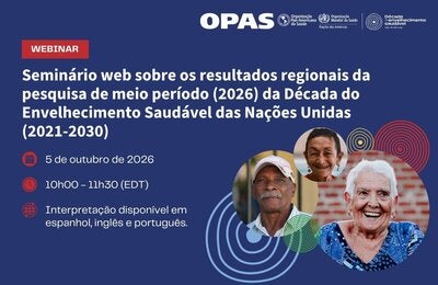 Flyer do webinário sobre o Relatório de Meio Período (2026) da Década do Envelhecimento Saudável da ONU, com os detalhes do evento, logotipos das organizações e fotos de pessoas idosas sorrindo
