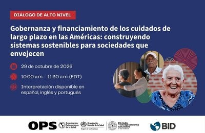 webinar flyer for upcoming event on Governance and Financing of Long-Term Care in the Americas: Building Sustainable Systems for Aging Societies, showing older persons with spirals behind them