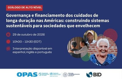 webinar flyer for upcoming event on Governance and Financing of Long-Term Care in the Americas: Building Sustainable Systems for Aging Societies, showing older persons with spirals behind them