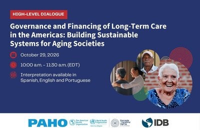webinar flyer for upcoming event on Governance and Financing of Long-Term Care in the Americas: Building Sustainable Systems for Aging Societies, showing older persons with spirals behind them