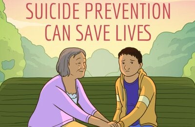illustration older woman holding adolescent's hands on a green bench outdoors with title suicide prevention can save lives