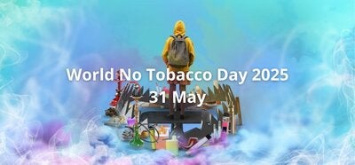 An adolescent with a back-pack and a yellow hoodie, seen from her back, standing in the middel of a bear trap sorrounded by tobacco products, in a blue background with white smoke