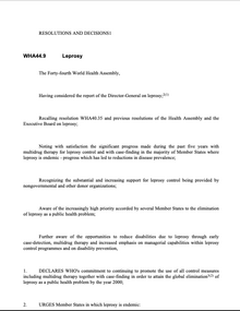 WHA44.9 Adoption of Multidrug Therapy for Elimination of Leprosy as a Public Health Problem; 1991