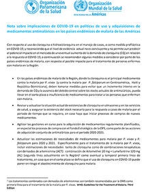 Nota sobre implicaciones de COVID-19 en políticas de uso y adquisiciones de medicamentos antimaláricos en los países endémicos de malaria de las Américas