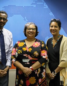 From left, Dr Yitades Gebre, PAHO/WHO Representative for Barbados and the Eastern Caribbean Countries, Dr Joy St John, Executive Director, Caribbean Public Health Agency and Mrs Jessie Schutt-Aine, Sub-Regional Program Coordinator, Caribbean