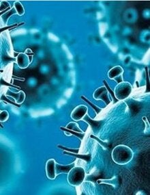 Illustration shoing a group  of coronavirus seen in blue tones