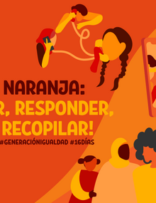 Grupos de mujeres sobre un fondo naranja; tres están hablando por teléfono, otras están haciendo activismo y un tercer grupo se abraza en señal de apoyo