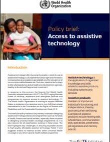 Cover of Policy brief: access to assistive technology, showing the photo of two girls, one embraing the other from the back, the second one seated on a wheel chair