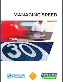 Cover of Managing Speed, showing a photo of a 30 sign and a blurry image of a vehicle passing next to two people