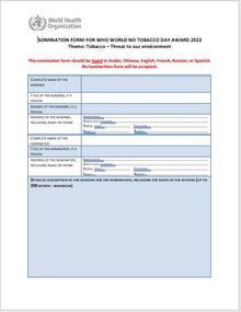 Form for the WHO World No Tobacco Day Awards, 2022