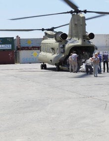 Helicopter landing (Relief efforts in Dominica following Hurricane Maria in 2017) (Photo credit: PAHO ECC Office)