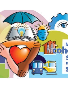 balanza de la justicia, brazos de personas de diferentes etnias enlazados alrededor de un corazón, bajo un paraguas.