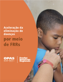 Fotografia de uma criança a Acelerando a eliminação de doenças através dos Fundos Rotativos Regionais receber uma vacina. A capa diz 