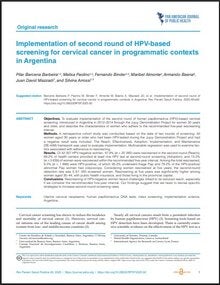 La imagen muestra una página de la Revista Panamericana de Salud Pública. El título del artículo es “Implementación de la segunda ronda de tamizaje de cáncer cervicouterino basado en VPH en contextos programáticos en Argentina”. 