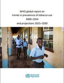 Cover of the WHO global report on tobacco use trends. A group of students in school uniforms walk along a school corridor with yellow walls and blue trim, smiling and interacting. WHO logo appears at the bottom