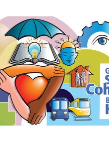 Three human arms of different skin colors embraced a heart. It is surrounded by a scale of justice, trains and more under an umbrella.