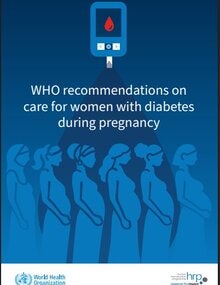 WHO cover on care for women with diabetes during pregnancy, showing a glucose meter and silhouettes of pregnant individuals