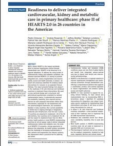 First page of a scientific article titled "Readiness to deliver integrated cardiovascular, kidney and metabolic care in primary healthcare: phase II of HEARTS 2.0 in 26 countries in the Americas"