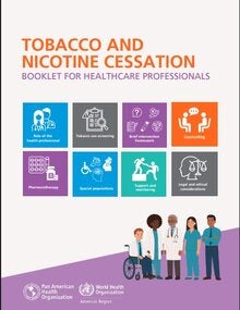 Cover of “Tobacco and Nicotine Cessation: Booklet for Healthcare Professionals,” with icons of key topics and an illustration of healthcare staff.