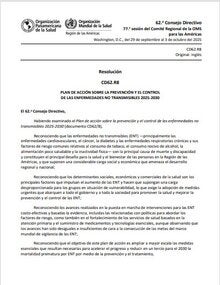 Resolución CD62.R8 - Plan de acción sobre la prevención y el control de las enfermedades no  transmisibles 2025-2030