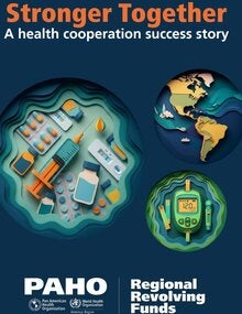 Cover of the brochure with a map of the americas and heath supplies illustrated