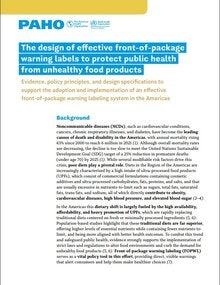 Cover page of a PAHO/WHO publication titled “The design of effective front-of-package warning labels to protect public health from unhealthy food products,” with a blue headline, a yellow header accent, and introductory text on noncommunicable diseases and dietary changes in the Americas.