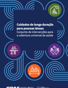 Capa de um relatório de saúde em português sobre cuidados de longa duração para idosos, com cinco ícones coloridos representando saúde, cuidado, comunidade, família e lar sobre um fundo azul com padronagem.