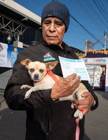 man holding a dog and its vaccination record