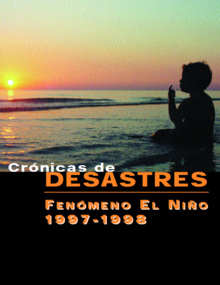 Portada "Crónicas de Desastres: Fenómeno El Niño 1997-1998". Imagen de costa al atardecer con silueta de niño