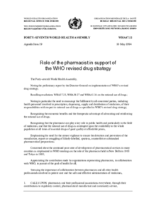 WHA47.12 Role of the pharmacist in support of the WHO revised drug strategy, 1994