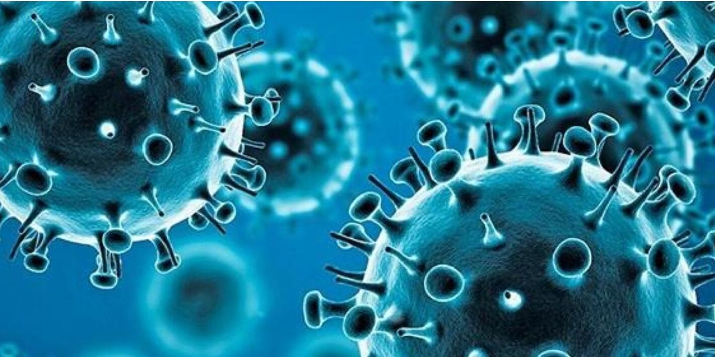 Illustration shoing a group  of coronavirus seen in blue tones