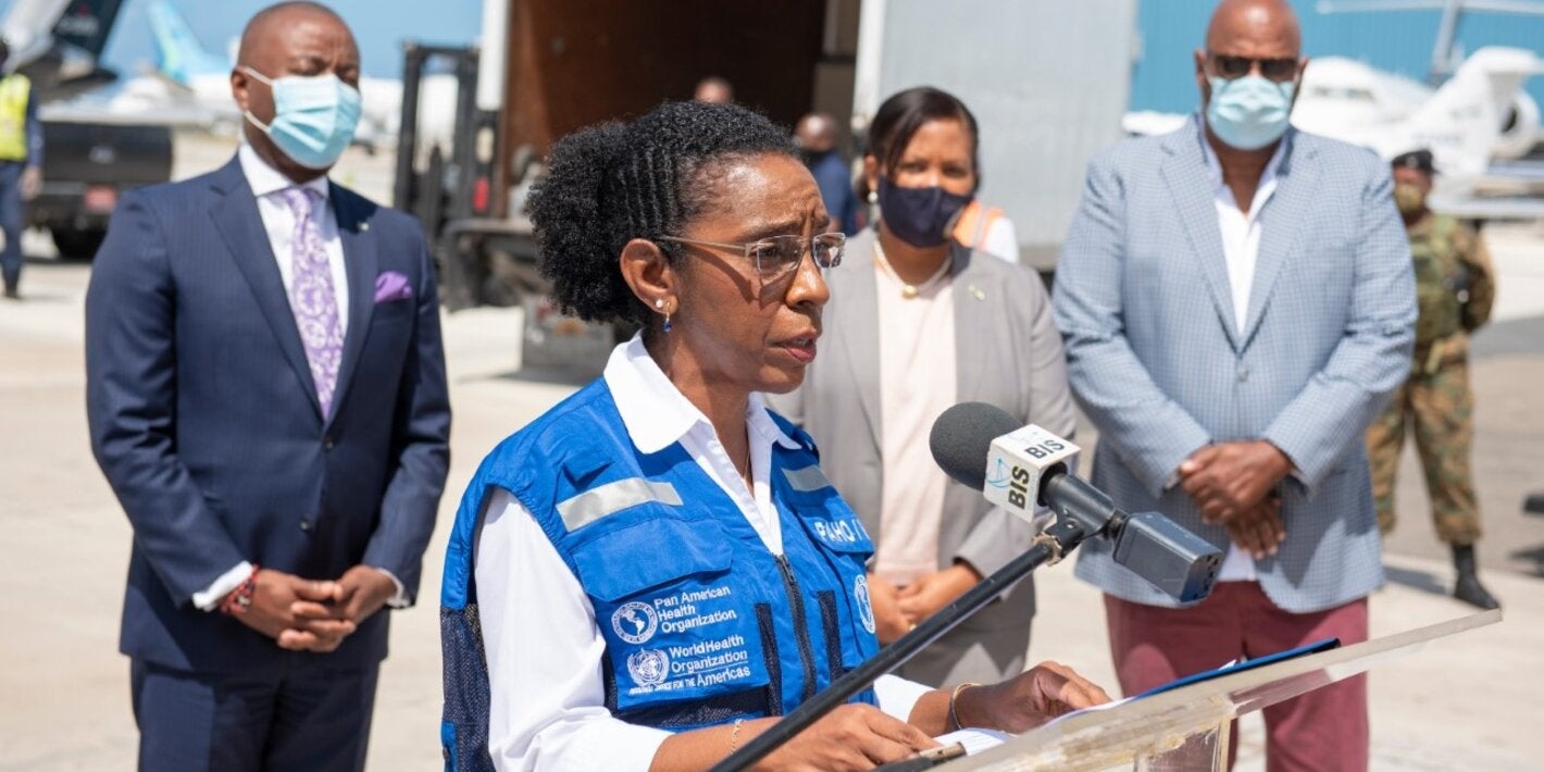 Dr Eldonna Boisson, PAHO-WHO The Bahamas and Turks and Caicos Islands Country Representative, gives remarks during the vaccine arrival ceremony
