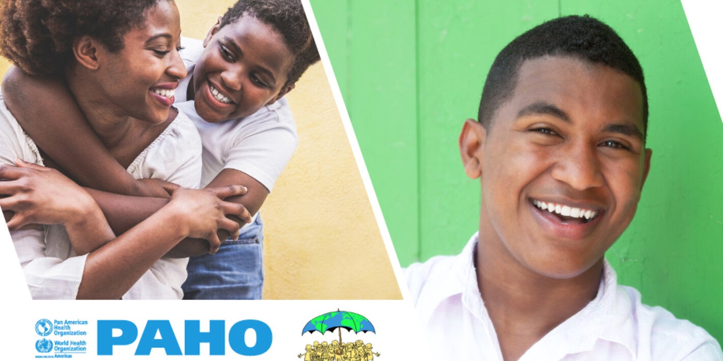 Double photo: on the left, two women hug each other and smile. on the right, close up of a young boy smiling, over a green background