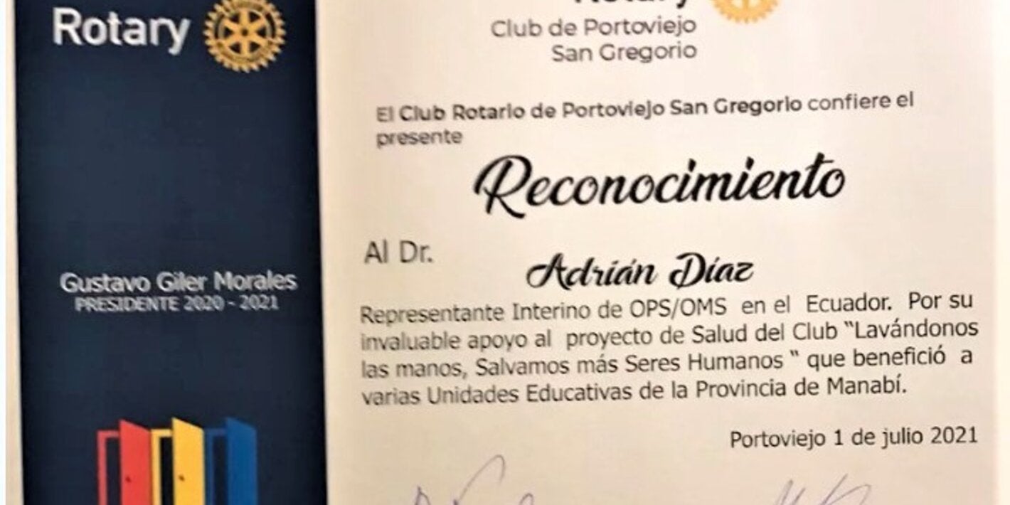 Club Rotario de Portoviejo reconoce apoyo de OPS/OMS en Ecuador