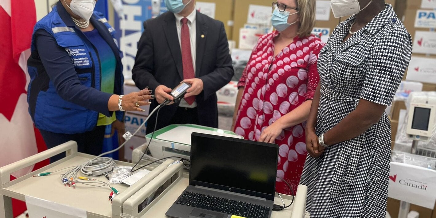 (L-R) Dr Bullock DuCasse, PAHO Adviser, Health Emergencies; Ian Stein, PAHO/WHO Representative in Jamaica, Bermuda and the Cayman Islands; High Commissioner Emina Tudakovic, High Commissioner of Canada to Jamaica and Honourable Juliet Cuthbert-Flynn, State Minister in the Ministry of Health and Wellness at the Caribbean Disaster Risk Management Program – Health Sector Project handover ceremony earlier today at the PAHO/WHO Jamaica Country Office. 