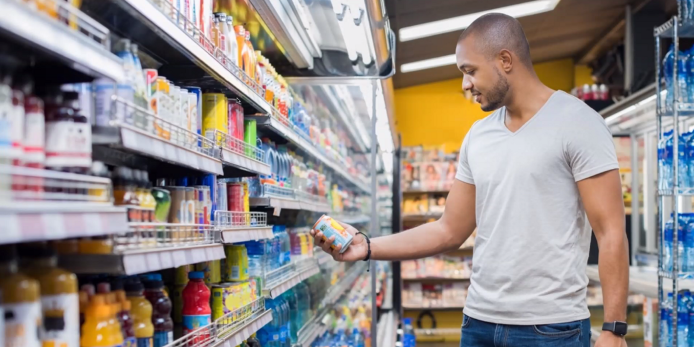 Persona revisando empaques de productos en un supermercado