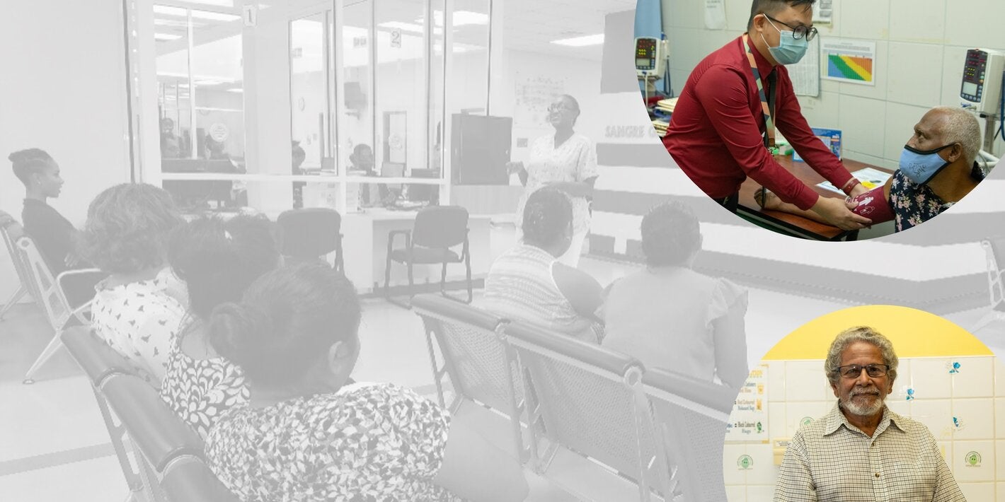 Collage of images of patients waiting on a heath center, a doctor checking blood pressure and a smiling paitent