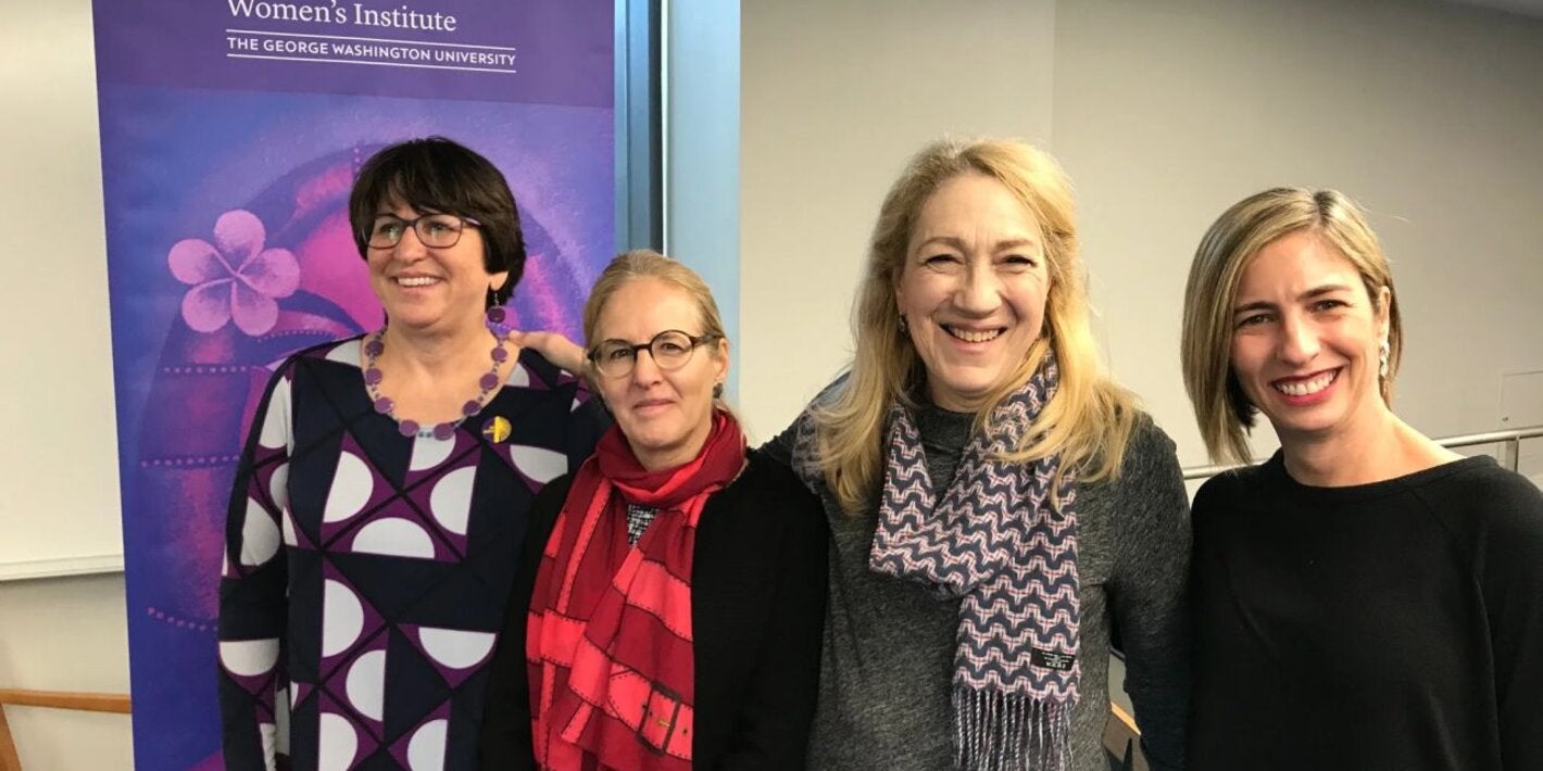 Photo: Mary Ellsberg, Director of the Global Women's Institute at the George Washington University; Claudia Garcia Moreno, Lead on violence against women at WHO; Lynn Goldman, Dean of the Milken Institute School of Public Health (GWU); Alessandra Guedes, Regional Advisor on Family Violence at PAHO.