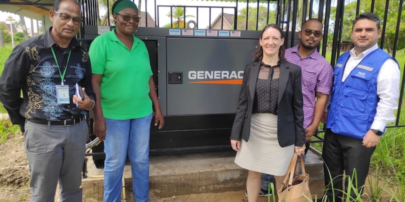 Official handover of the two generators with RGD Staff at the Ellen Clinic in Commewijne, Dr. Mohamed Saharie, Nurse Chrichlow, and Mr Soegriem Kisoensingh along with Catherine Griffith from the US Embassy Suriname, and Alejandro Caballero from PAHO Suriname. 