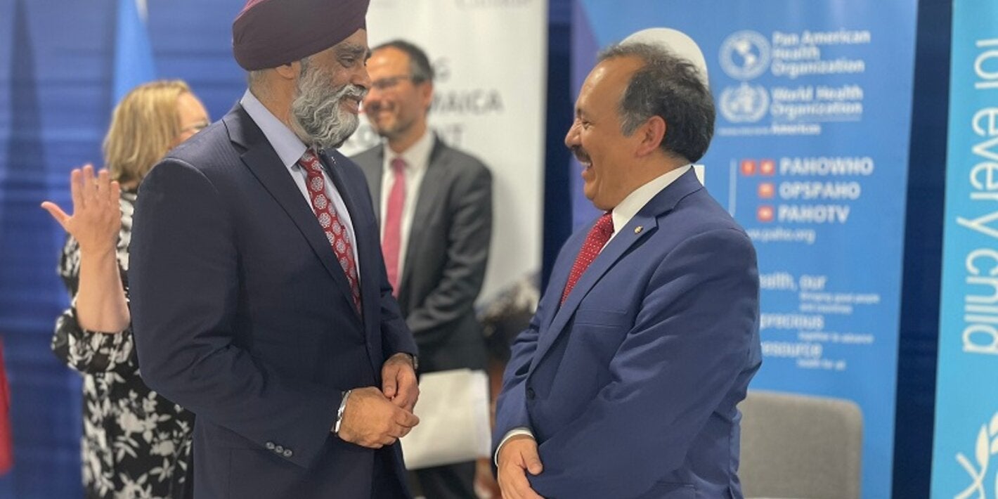 The Honourable Harjit Sajjan, Canada’s Minister of International Development, was deep in conversation with Dr. Ciro Ugarte, Director of Health Emergencies at PAHO, at the CanGIVE launch held earlier in  International Seabed Authority Media Room in Kingston.