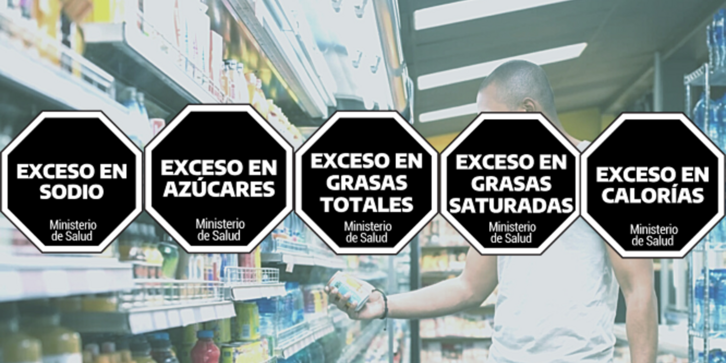 Foto de una persona eligiendo productos en un supermercado y de los sellos con las advertencias sanitarias